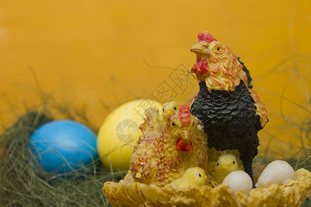 复活节山鸡家庭羽毛小鸡黄色鸟类家禽动物季节性假期玩具白色背景图片