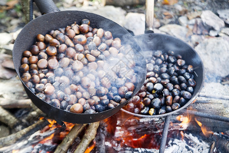 烤栗子森林棕色水果小吃季节性平底锅食物火焰背景图片