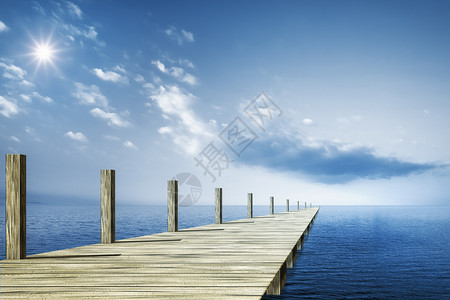 蓝蓝色海洋码头小路自由地平线太阳高清图片