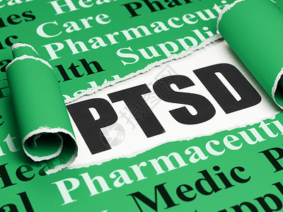 绿色医疗公司折页保健概念 黑色文字 PTSD 在撕破的纸下面医院叶子生活康复科学卫生援助药品床单医生背景