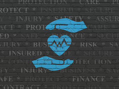 保险概念心和棕榈在背景墙上风险安全合同金融政策标签绘画建筑脉冲蓝色背景图片