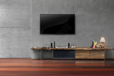 小电视Tv在墙上挂着木制桌介质 在客厅木头房间屏幕水泥玩家平板扬声器娱乐架子工具背景