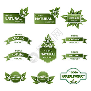 产品标签素材一组彩色徽章天然产品农场风格装饰植物标签生态插图收藏旗帜剪贴背景