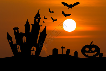 南瓜城堡万圣节前夕的城堡蝙蝠感恩阴影月亮雕刻插图天空太阳房子季节背景