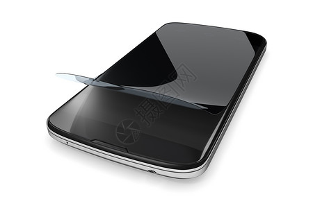 黑色电话带保护膜的智能手机推介会展示保护划痕电影玻璃黑色警卫电话白色背景
