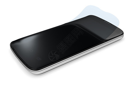 带保护膜的智能手机电子警卫推介会划痕展示监视器电话黑色保护白色背景图片