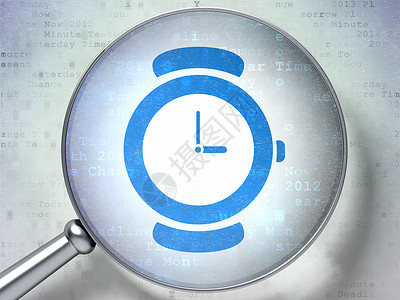 数字背景上带光学玻璃的时间轴概念手表展示3d小时代码渲染年表放大镜数据蓝色时间背景图片