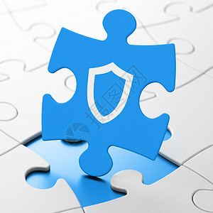 安全概念 在拼图背景上打孔盾牌隐私政策保卫成功挑战裂缝蓝色3d游戏网络背景图片