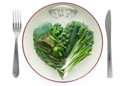 严格控制健康饮食概念排毒决议测量浴室秤体重秤食物心形重量减肥盘子背景