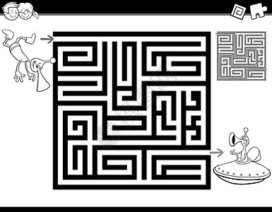 活动方案素材迷宫或迷宫彩色页面入口卡通片外星人黑与白插图绘画填色本出口幼儿园游戏背景