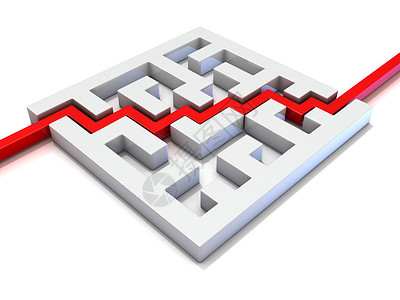 网络解决方案穿过迷宫的红色路径 3D背景