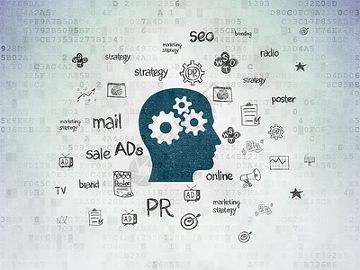 伙伴图标营销概念头与数字数据纸背景上的齿轮绘画工作头脑团队思考品牌战略电脑风暴草图背景