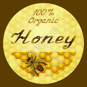 黄色蜜蜂标签矢量蜂蜜圆形标签设计 蜂窝纹理背景背景