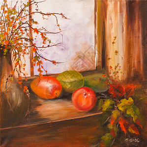 当代油画窗户里放着花盆的水果静物画 秋叶 秋色 布面油画 具象绘画背景