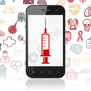 医疗手机应用健康概念 显示Syringe的智能手机研究电话细胞渲染科学3d生活草图制药医院背景