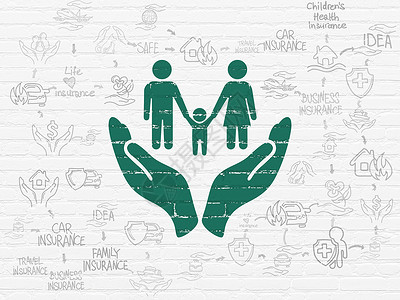 家庭生活图标保险概念家庭和棕榈在背景墙上安全方案建筑草图生活孩子父亲金融商业图表背景