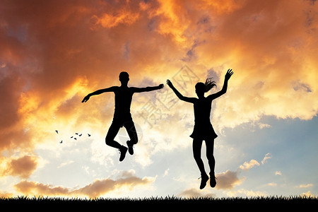 日落时人们跳跃幸福快乐女士男人朋友们阳光女孩插图背景图片