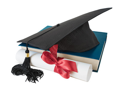 红色毕业帽子研究生帽子 书籍和卷轴大学文凭成就教育学习蓝色智力丝带智慧流苏背景