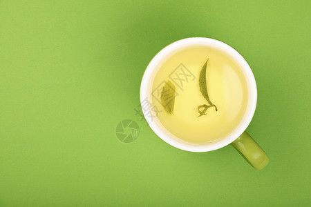 一杯盛满的绿乌龙茶 加碟子时间飞碟树叶活力饮料杯子背景图片