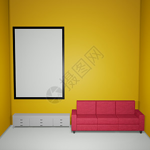 点亮的室内样机 3d 它制作图案框架地面海报休息室嘲笑设计师中性空白房间建筑学背景图片