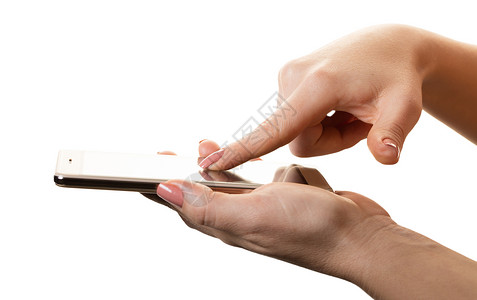 女汉族的智能手机技术女士商业女性工具细胞照片展示屏幕白色背景图片