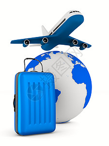 地球飞机白色背景上的飞机和地球仪 孤立的 3D 图像假期运输空气手提箱公文包旅游小路航空插图全球背景