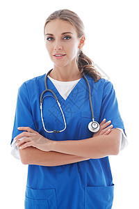 年轻护士肖像白色女士职员工人微笑医疗女孩蓝色女性工作室背景图片