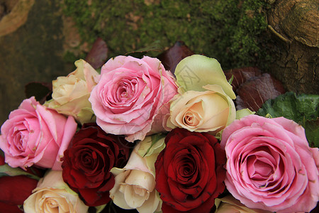 粉红和红色的嫁花粉色绿色花束装饰品花朵花瓣中心新娘桌子团体背景图片