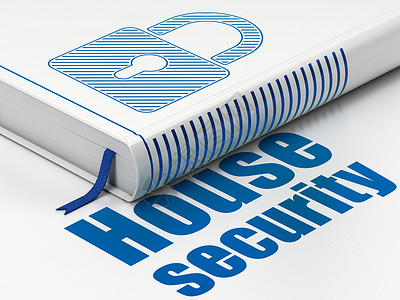 白色背景上的安全概念书渲染学习科学技术软垫蓝色阅读锁孔房子3d背景图片