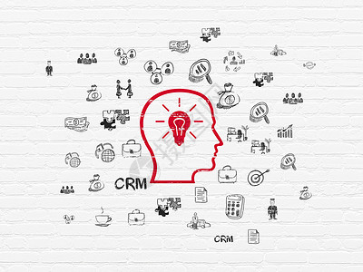 商业大脑图标金融概念头与背景墙上的灯泡营销战略思考伙伴管子绘画头脑涂鸦风暴项目背景