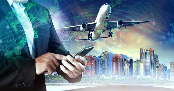 电话预订生意人碰巧使用智能电话和飞机 在Ai中途飞行背景