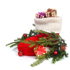 圣诞红袜袜红色装饰盒子丝带惊喜假期礼物新年风格短袜背景