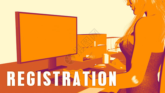 注册概念课程橙子紫色电脑课堂培训班商业训练女士桌面插图背景图片
