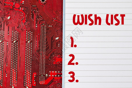 红色的老旧肮脏计算机电路板和希望列表文本概念空白商业心愿战略白色动机欲望组织背景图片