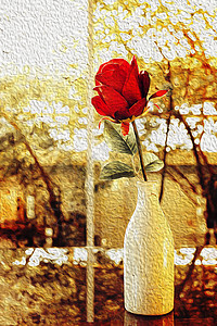 红玫瑰花在玻璃花瓶中卡片玫瑰生活桌子花束庆典叶子绿色红色花瓣背景图片