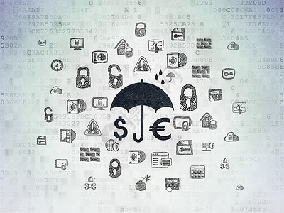 雨伞图标数字数据纸背景上的保护概念钱和雨伞背景