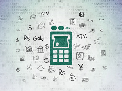 银行图标数字数据纸背景上的银行概念 ATM 机金融服务卡片涂鸦库存现金取款机市场信用草图背景