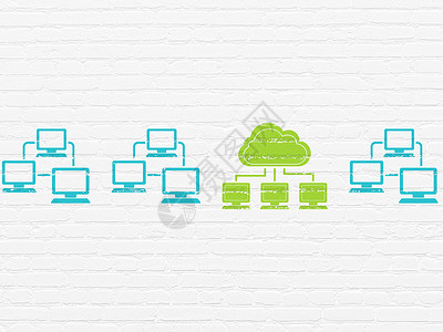 电脑连接线图标背景墙上的云技术概念云网络图标白色服务器绿色灰色互联网数据建筑绘画软件社会背景