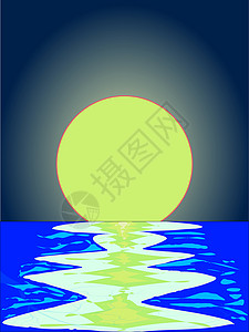 夜晚海洋反射环境蓝色插图反光涟漪黄色月亮天空背景图片