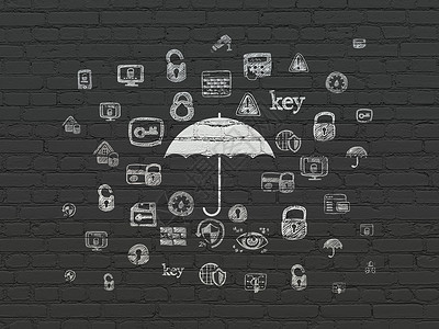 雨伞图标在背景墙上的隐私概念伞草图天篷攻击数据涂鸦建筑黑色裂缝白色阳伞背景