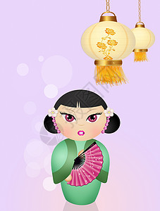 艺妓素材Kokeshi娃娃和中国灯笼快乐创造力艺术新年扇子和服文化纪念品艺妓女士背景