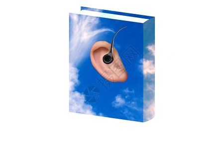 读书声音素材带有耳朵和耳机的云图像的插图书籍封面背景
