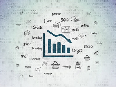 数字数据纸背景上的营销概念下降图涂鸦推广蓝色广告技术危机市场绘画图表金融背景图片
