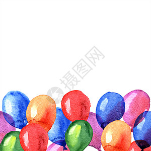 白色背景上隔绝的多彩彩色手画气球草图生日水彩玩具假期细绳背景图片