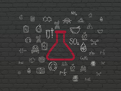手绘一车砖背景墙上的科学概念烧瓶管子创新烧杯化学药店涂鸦实验测量物理绘画背景