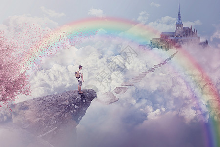 彩虹包天堂乐园彩虹世界粉色天空自由途径休息花瓣旅行悬崖背景