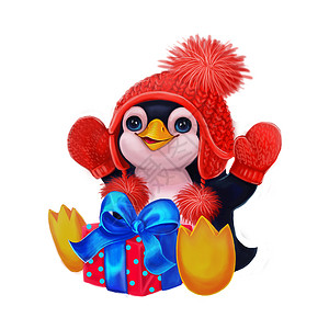 手绘企鹅与企鹅庆祝生日晚会 圣诞节和礼物节日节日快乐背景