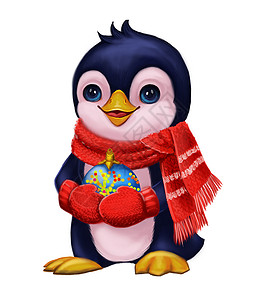 手绘企鹅与企鹅党玩具的季节问候-圣诞快乐和新年背景