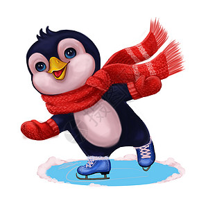滑冰手绘圣诞快乐和新年快乐 与企鹅冰滑冰的季节问候背景