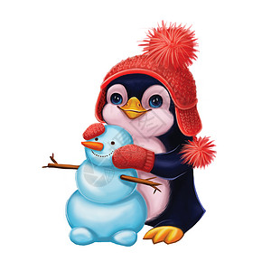 手绘企鹅圣诞快乐和新年快乐 与微笑的企鹅一起向季节致意背景